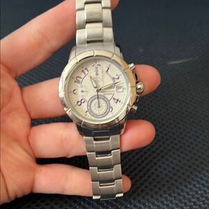 Silver Chronograph Watch with Purple Accents